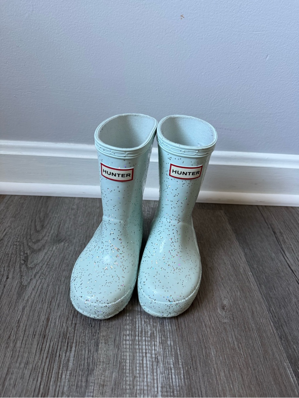 HUNTER Kids First Giant Glitter Sparkly Rain Boots Mint Aqua Light Blue Size 7C